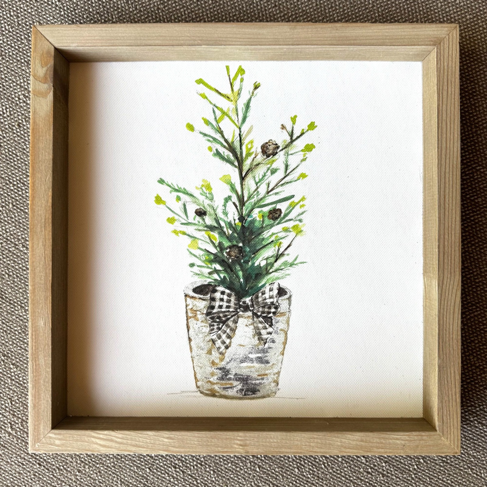 Framed Holiday Artwork with Small Christmas Tree Pine Branches, Bow & Pinecones